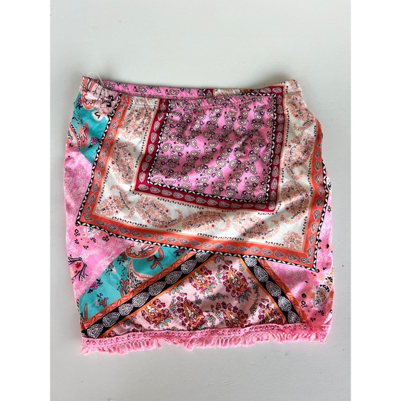 Boho Pink Teal Slit Patchwork Mini Skirt With Tie And Fringe Trim Elastic Waist - Picture 1 of 4